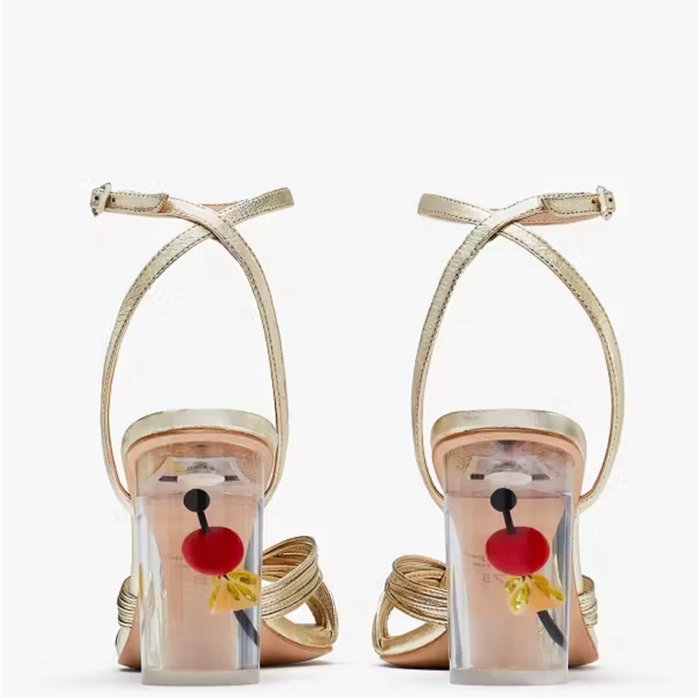 Kate Spade Happy Hour Cherry Lucite Heel Sandals Gold Size 10